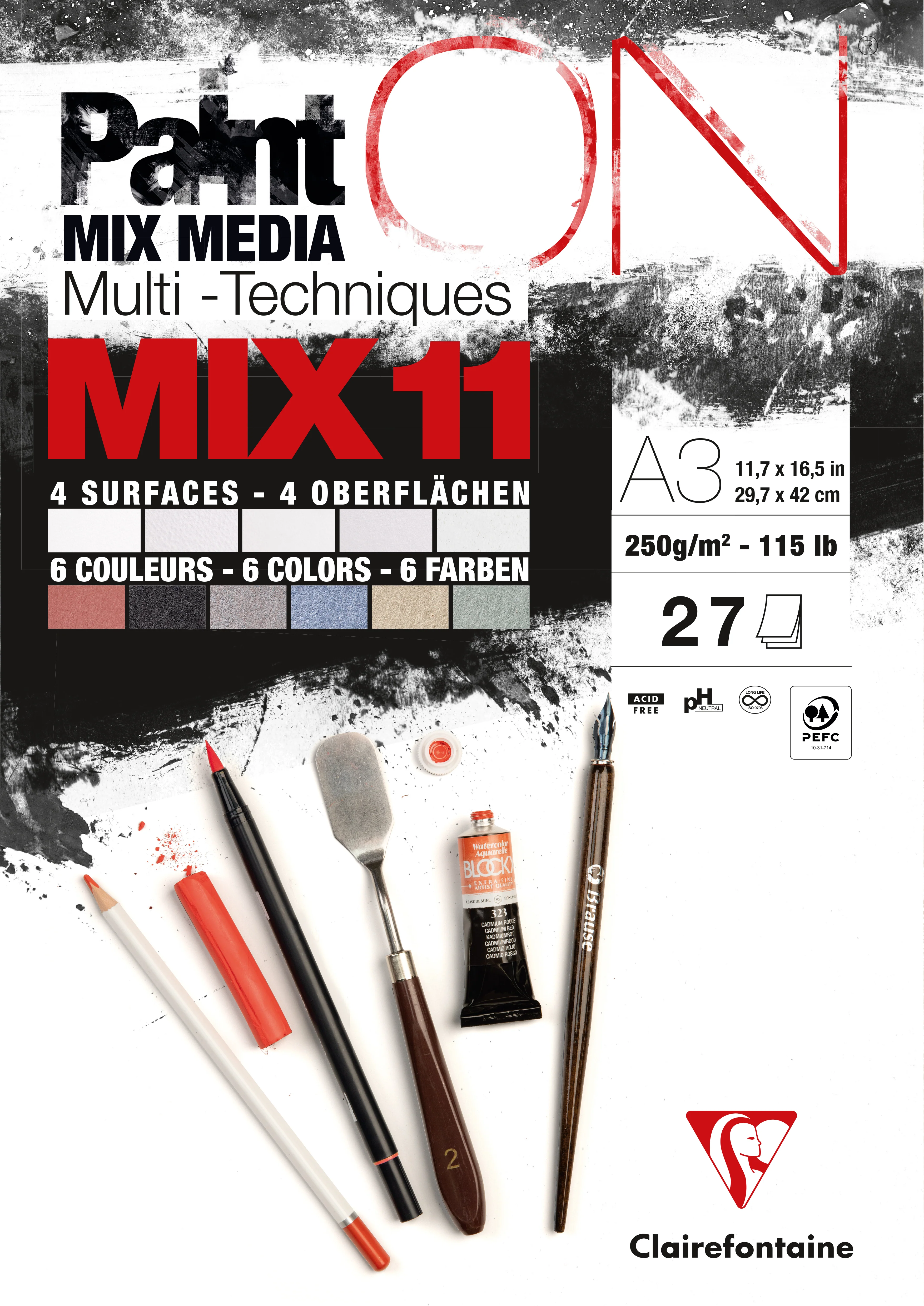 Bloc PaintON MIX11 - 27 feuilles assorties  A3 250g - Clairefontaine