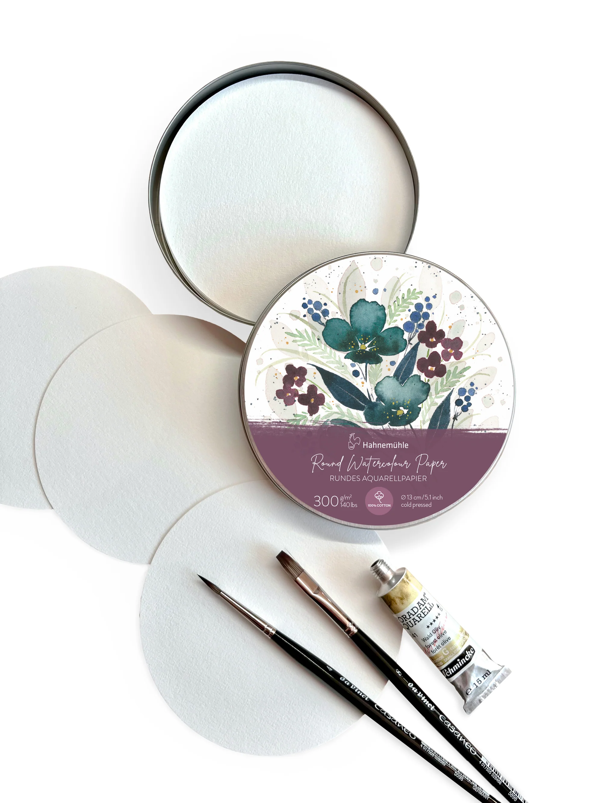 Boîte métal 30 feuilles papier Aquarelle rond 100% coton - 300g/m²-Diamètre 13 cm
