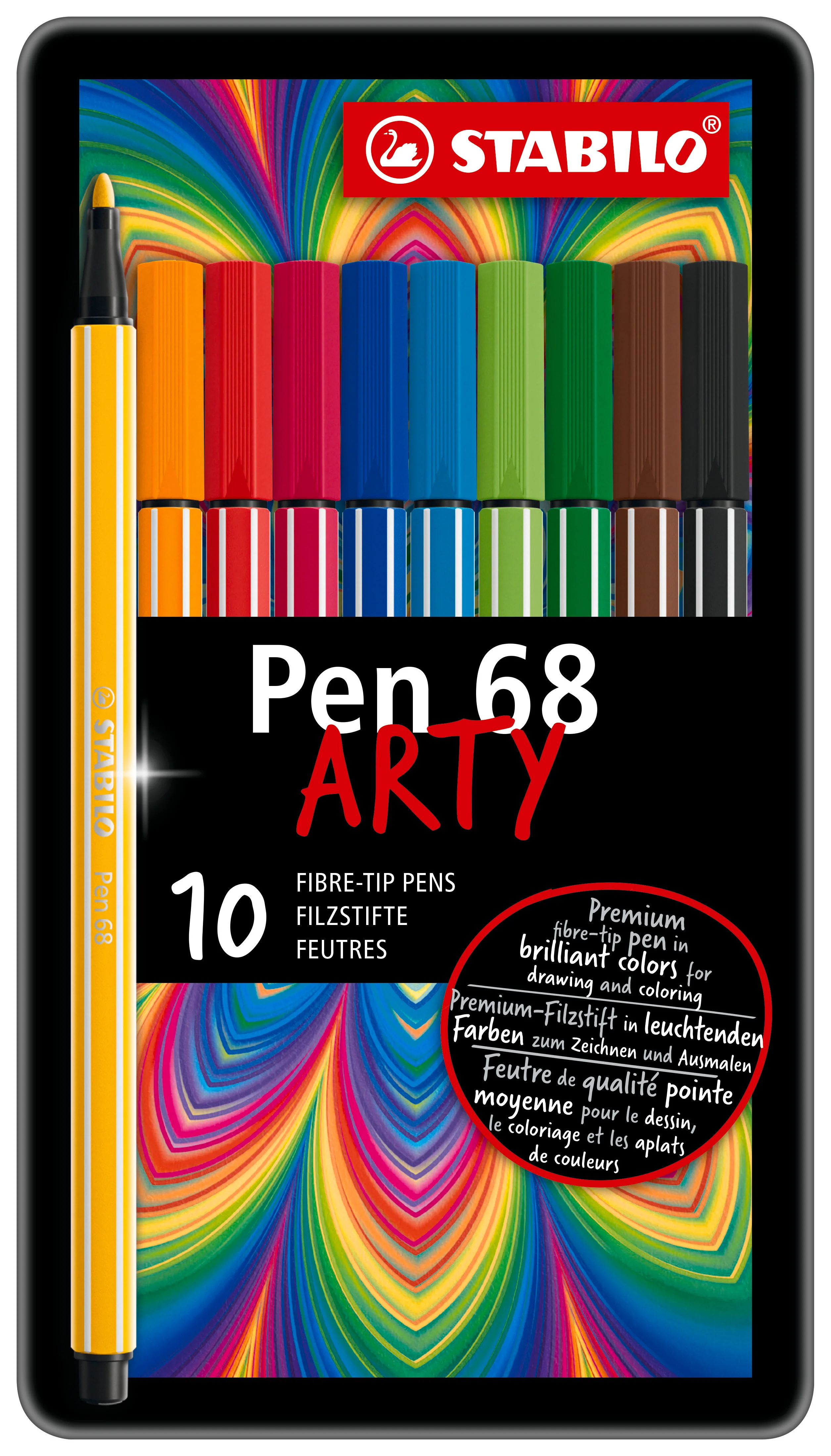 Boîte métal de 10 feutres de dessin pointe moyenne STABILO Pen 68 ARTY