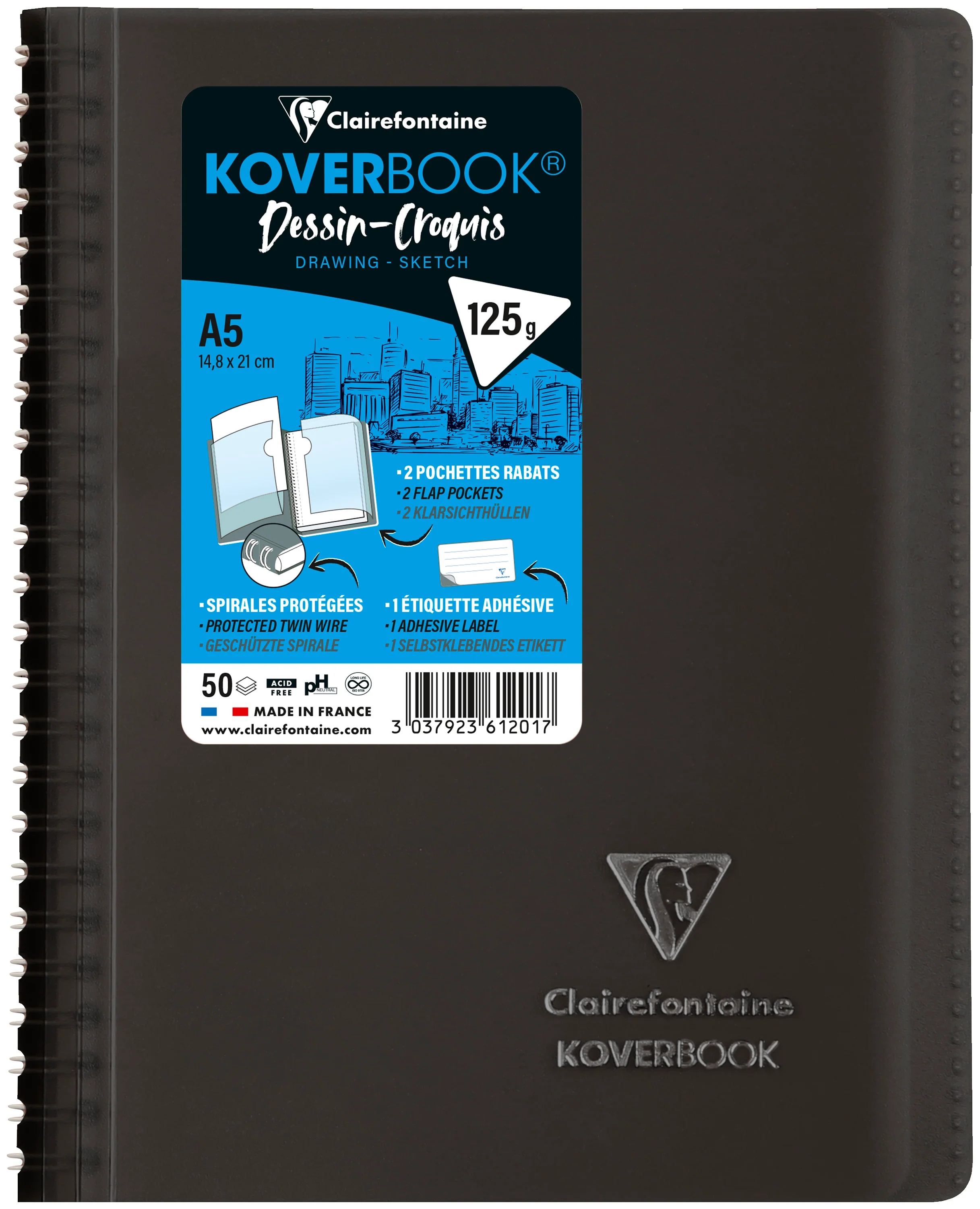 Carnet dessin/croquis KOVERBOOK reliure intégrale enveloppante A5-100 pages papier blanc 125gr couverture polypropylène - Image 4