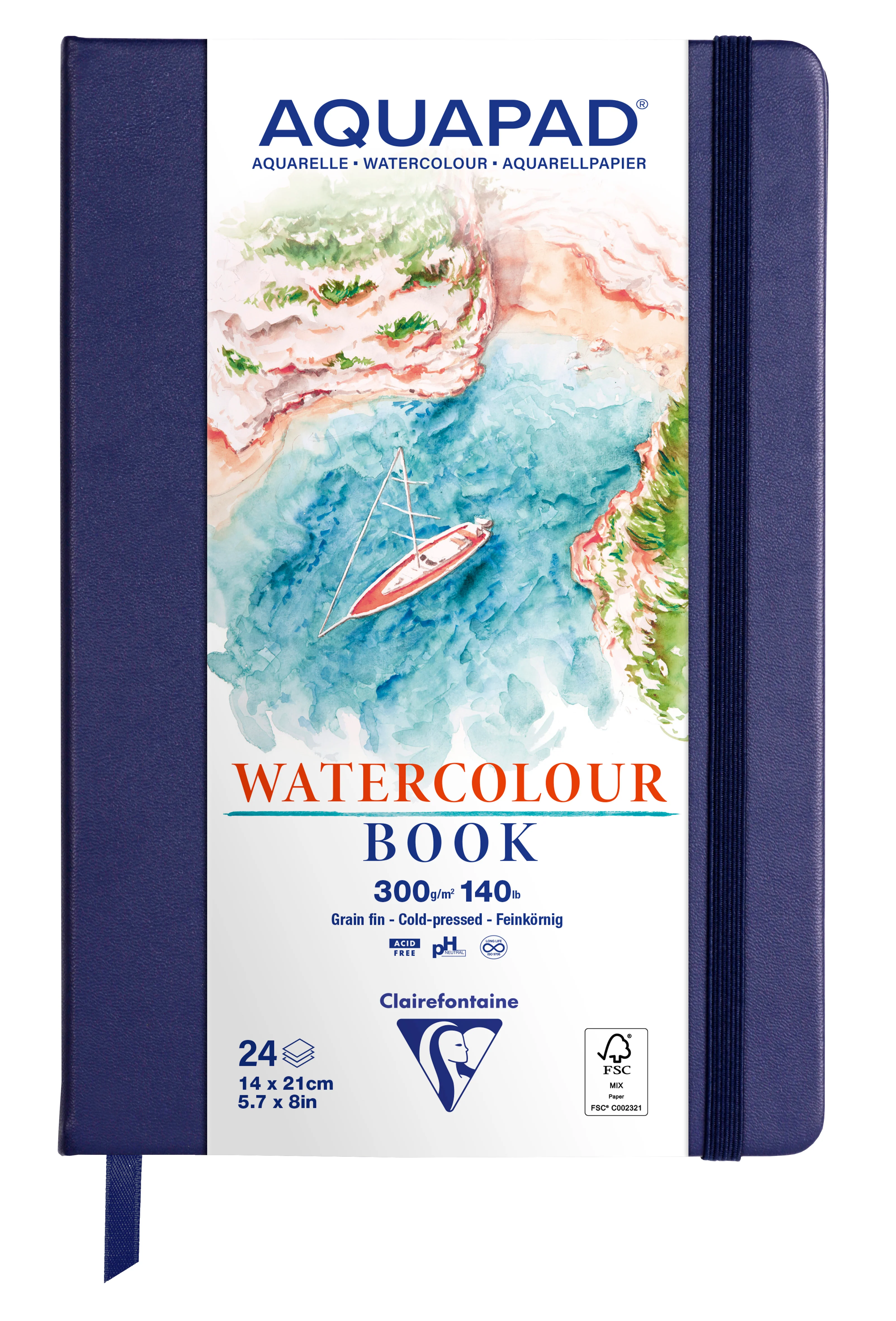 Carnet rembordé rigide Aquapad Aquarelle 14x21 24F 300g - Clairefontaine