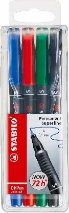 Pochette de 4 Marqueurs OHPEN permanent noir/bleu/rouge/vert 0.4mm, 0.7mm et 1mm