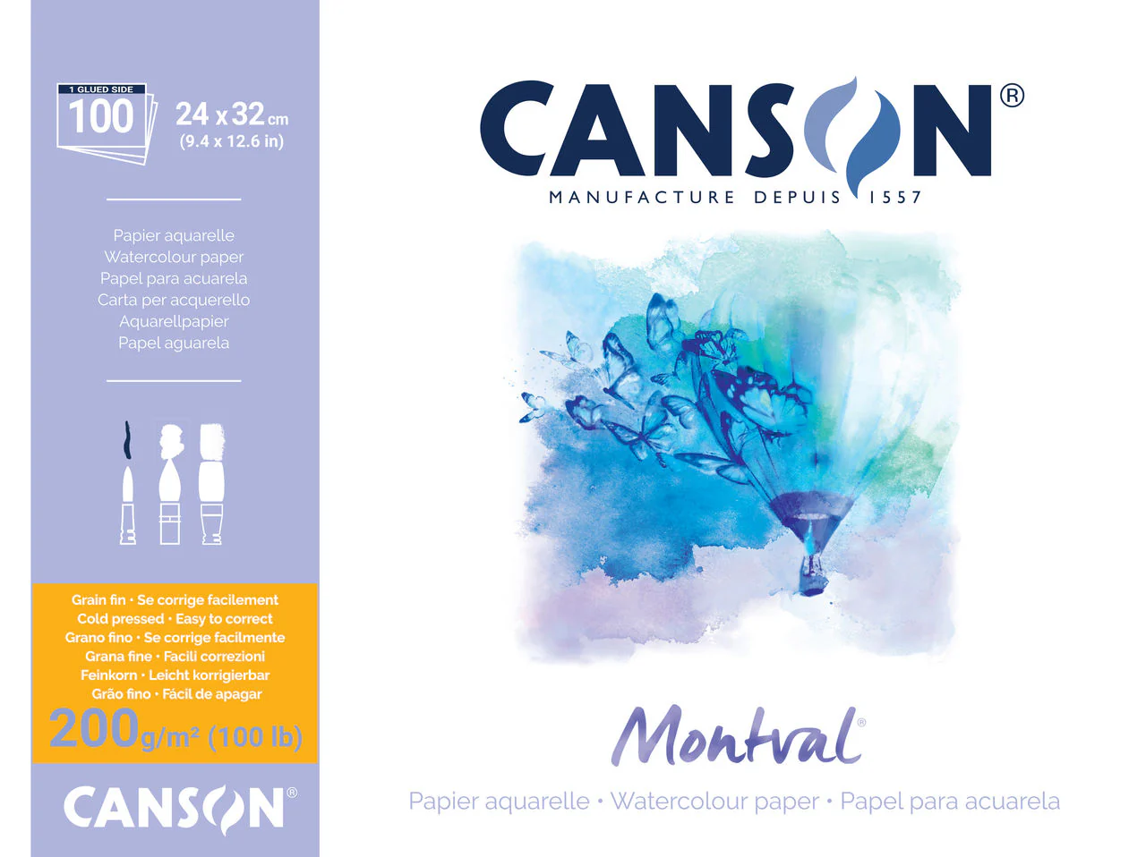 Papier aquarelle Montval grain fin collé grand côté 200g/m²